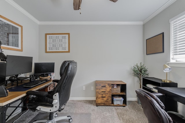 office area with baseboards, carpet floors, and crown molding