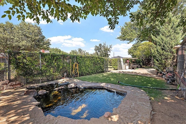 view of pool with a lawn and a patio area