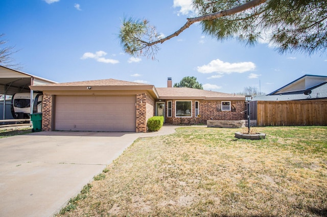 single story home featuring concrete driveway, a garage, fence, and brick siding