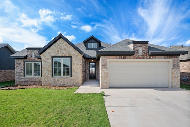 view of front of house featuring concrete driveway, a front lawn, an attached garage, and brick siding