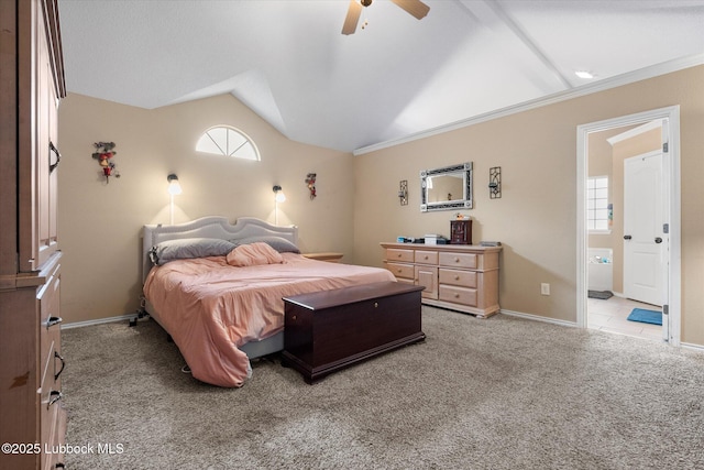 1507 Nottingham Ave, Wolfforth, TX 79382 - bedroom featuring vaulted ceiling, light carpet, baseboards, ceiling fan, and ornamental molding