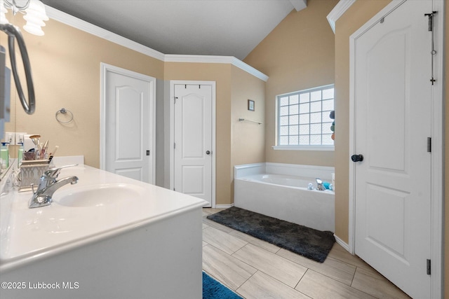 1507 Nottingham Ave, Wolfforth, TX 79382 - bathroom with a bath, vanity, and ornamental molding