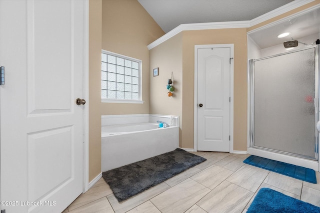 1507 Nottingham Ave, Wolfforth, TX 79382 - full bathroom featuring a stall shower, a bath, and crown molding