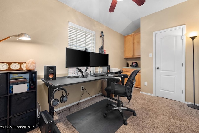 1507 Nottingham Ave, Wolfforth, TX 79382 - office featuring ceiling fan, light carpet, lofted ceiling, and baseboards