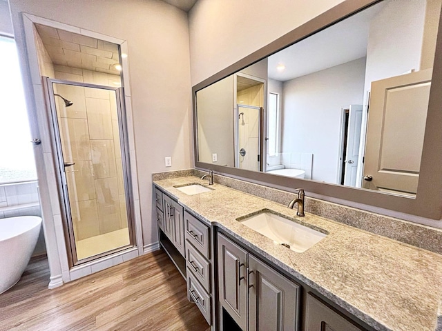 bathroom with vanity, wood-type flooring, and plus walk in shower