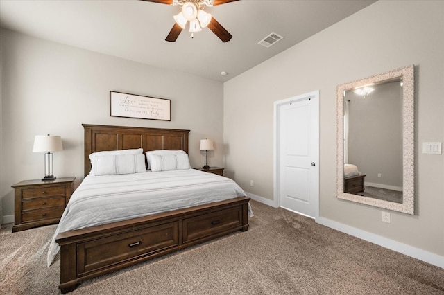 carpeted bedroom with ceiling fan