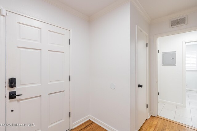 3014 25th St, Lubbock, TX 79410 - hall featuring crown molding, baseboards, light wood-style floors, and electric panel