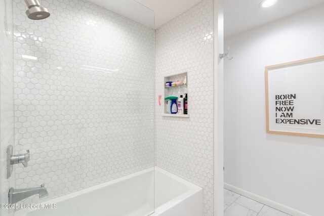 3014 25th St, Lubbock, TX 79410 - full bath with washtub / shower combination, baseboards, marble look tiles, and recessed lighting