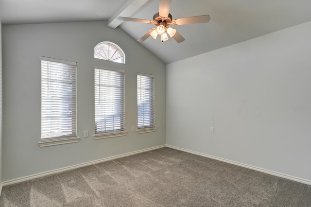 empty room with ceiling fan, carpet floors, and vaulted ceiling with beams