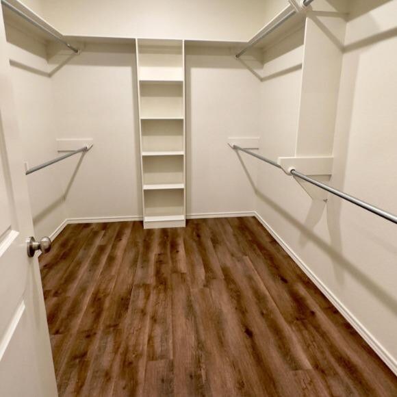 spacious closet with dark hardwood / wood-style floors