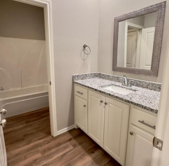 bathroom with vanity and wood-type flooring