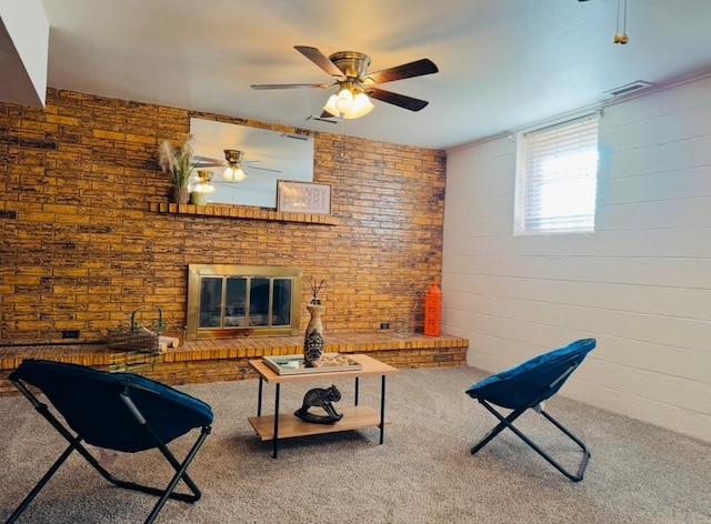 living room featuring a fireplace and carpet floors