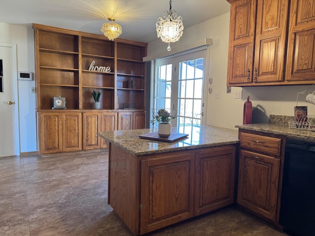 kitchen featuring light stone counters, decorative light fixtures, a chandelier, dishwasher, and kitchen peninsula