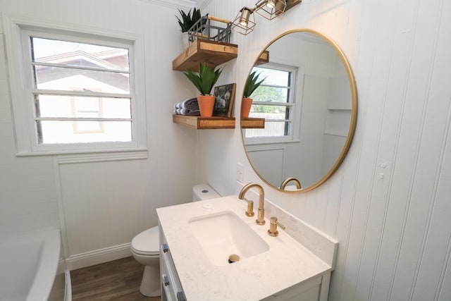 bathroom featuring vanity, toilet, and hardwood / wood-style floors