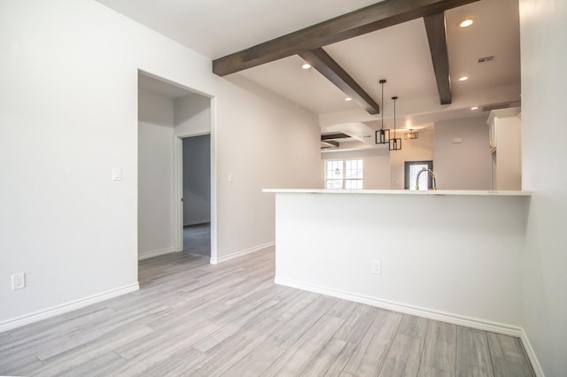 kitchen featuring decorative light fixtures, light hardwood / wood-style flooring, kitchen peninsula, and beamed ceiling