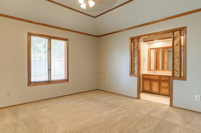 unfurnished room with light carpet, ceiling fan, crown molding, and sink