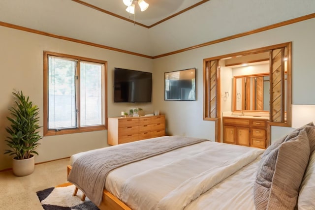 carpeted bedroom with ornamental molding