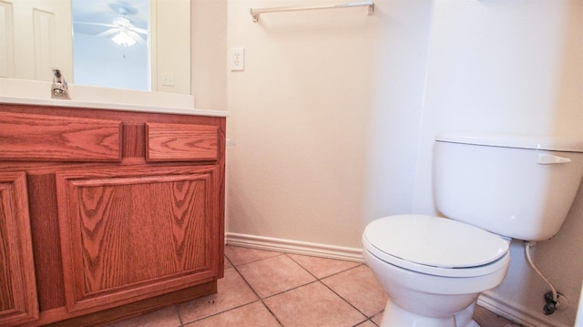 bathroom featuring vanity, ceiling fan, tile patterned floors, and toilet