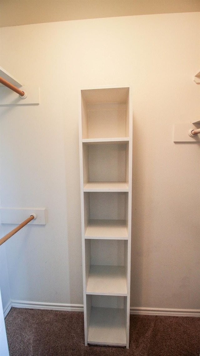 spacious closet featuring dark carpet