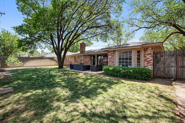 6201 Kenosha Dr, Lubbock, TX 79413 - rear view of house with brick siding, an outdoor living space, a chimney, and central AC unit