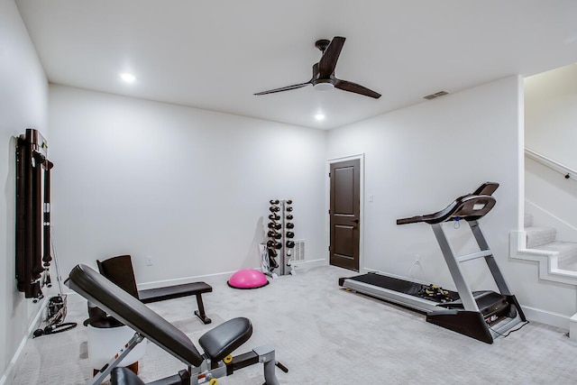 4821 119th Pl, Lubbock, TX 79424 - exercise room with ceiling fan, recessed lighting, baseboards, and carpet floors
