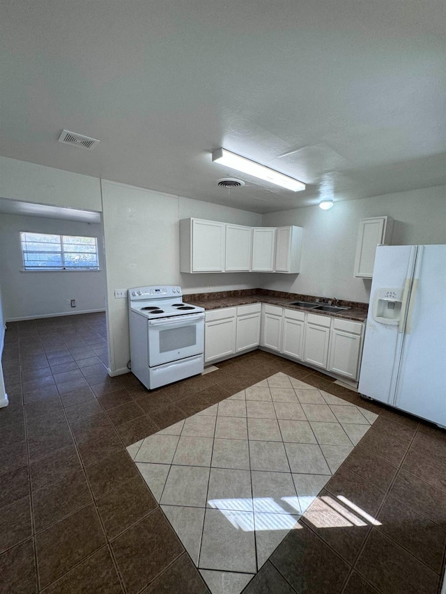 kitchen featuring white cabinetry, sink, white appliances, and dark tile patterned flooring