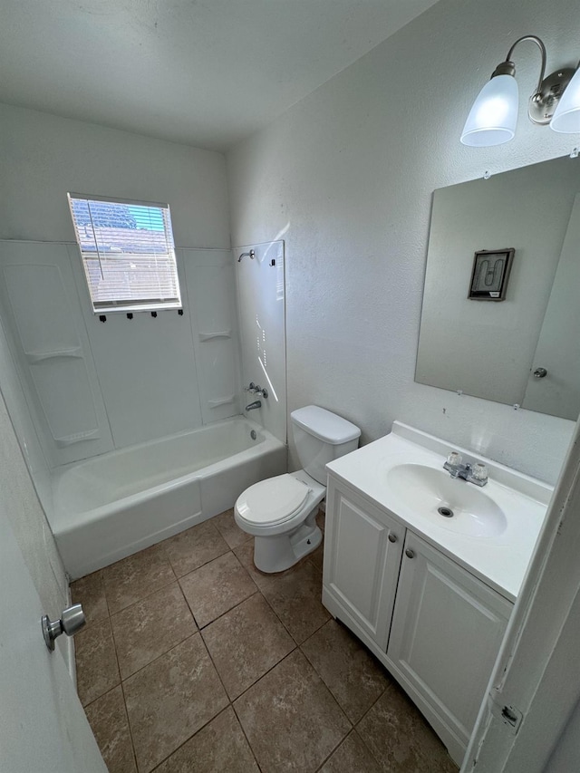 full bathroom featuring shower / bath combination, vanity, tile patterned flooring, and toilet