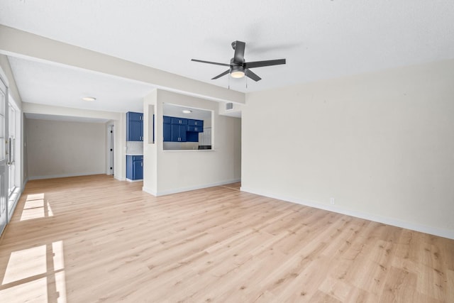 unfurnished living room with ceiling fan and light hardwood / wood-style flooring