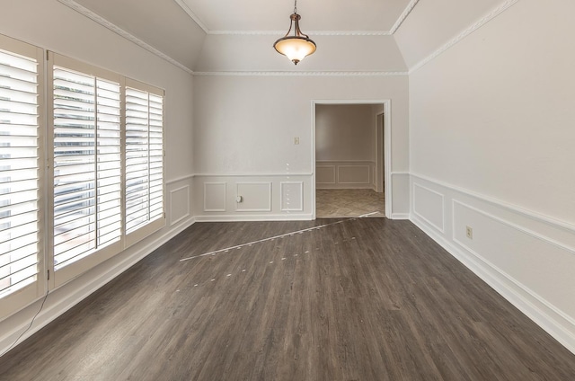 unfurnished room with dark wood-type flooring and ornamental molding