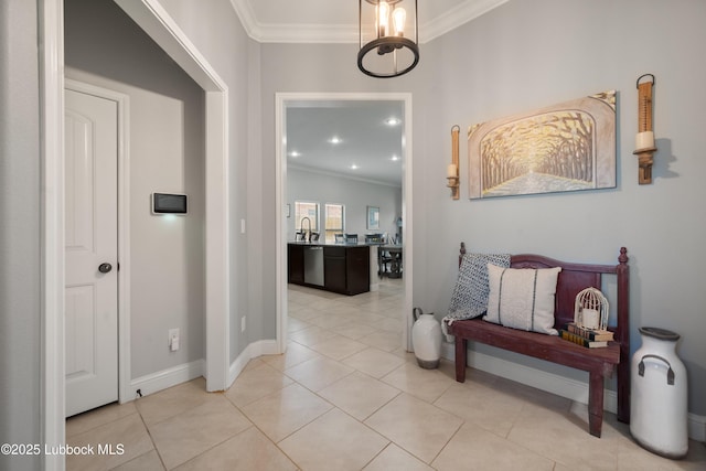 3634 Ridgely Ave, Lubbock, TX 79407 - corridor with ornamental molding, light tile patterned flooring, a chandelier, and recessed lighting