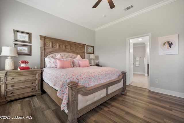 3634 Ridgely Ave, Lubbock, TX 79407 - bedroom featuring ornamental molding, dark wood-style floors, and a ceiling fan