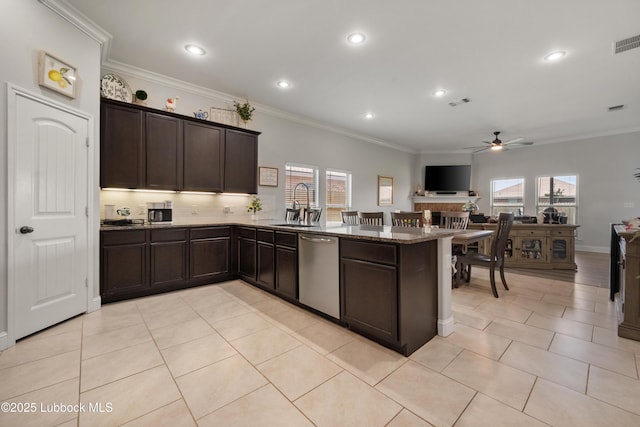 3634 Ridgely Ave, Lubbock, TX 79407 - kitchen featuring dishwasher, a ceiling fan, plenty of natural light, a peninsula, and crown molding