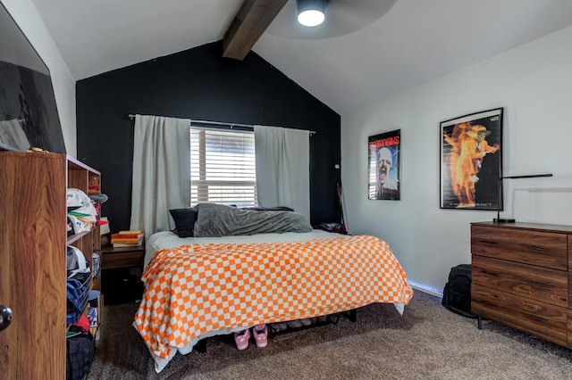 bedroom with ceiling fan, carpet floors, and vaulted ceiling with beams