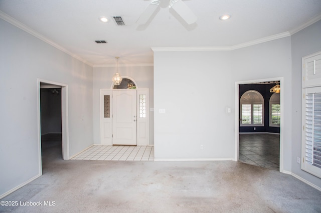 5110 1st Pl, Lubbock, TX 79416 - carpeted entrance foyer featuring crown molding, baseboards, a chandelier, ceiling fan, and recessed lighting