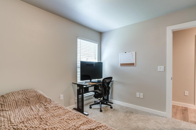 bedroom with light carpet