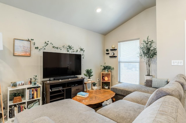 living room featuring lofted ceiling