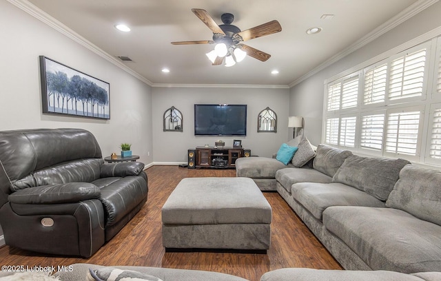 3417 56th St, Lubbock, TX 79413 - living area featuring ceiling fan, wood finished floors, ornamental molding, and recessed lighting