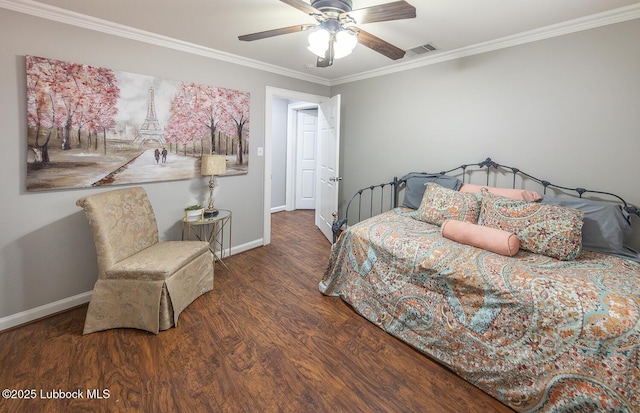 3417 56th St, Lubbock, TX 79413 - bedroom with wood finished floors, ornamental molding, and a ceiling fan