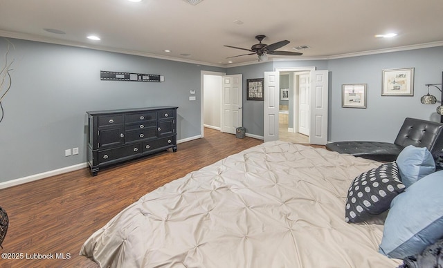 3417 56th St, Lubbock, TX 79413 - bedroom with crown molding, recessed lighting, wood finished floors, and ceiling fan