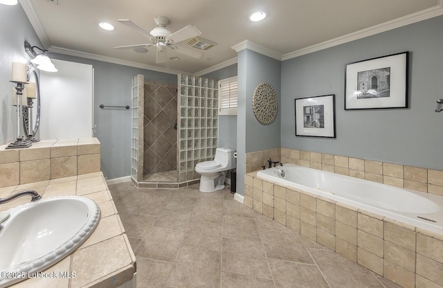 3417 56th St, Lubbock, TX 79413 - full bath with a bath, a ceiling fan, tiled shower, vanity, and crown molding