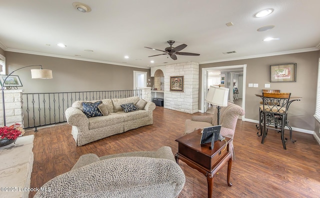 3417 56th St, Lubbock, TX 79413 - living room with ceiling fan, wood finished floors, ornamental molding, and recessed lighting