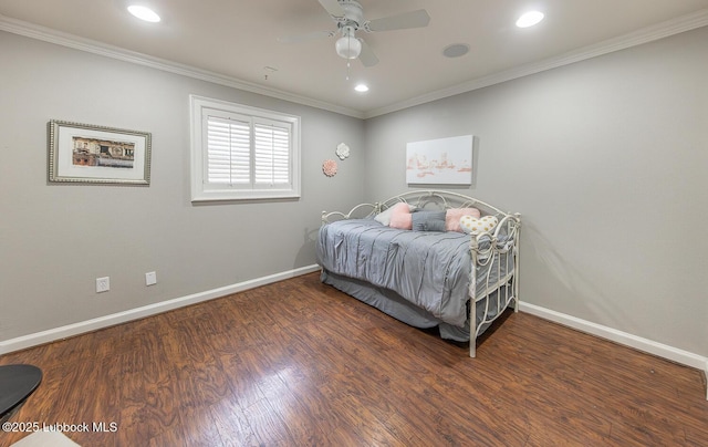 3417 56th St, Lubbock, TX 79413 - bedroom featuring wood finished floors, crown molding, recessed lighting, and a ceiling fan