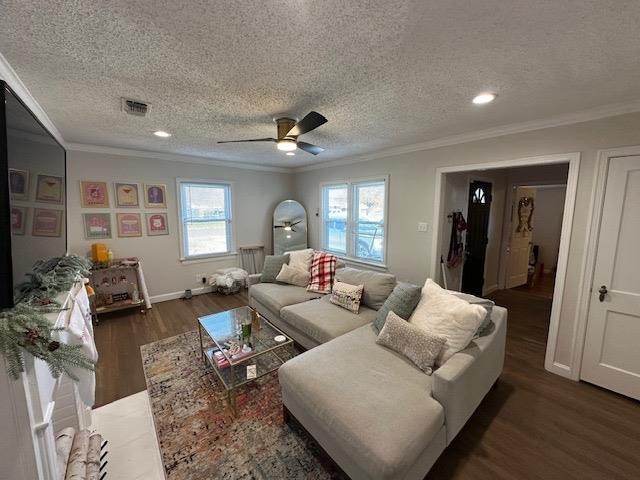 living room featuring crown molding, a textured ceiling, dark hardwood / wood-style floors, and ceiling fan