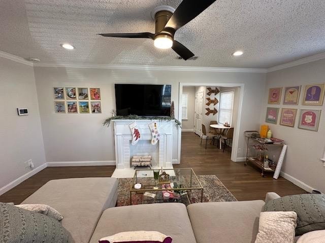 living room with ceiling fan, ornamental molding, dark hardwood / wood-style floors, and a textured ceiling