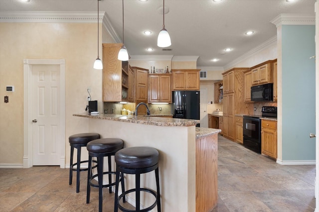 4121 86th St, Lubbock, TX 79423 - kitchen with open shelves, a peninsula, baseboards, and black appliances
