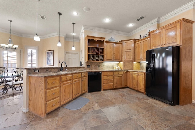 4121 86th St, Lubbock, TX 79423 - kitchen featuring visible vents, a sink, open shelves, a peninsula, and black appliances