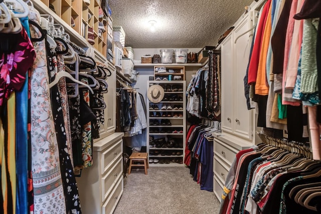 walk in closet with light carpet