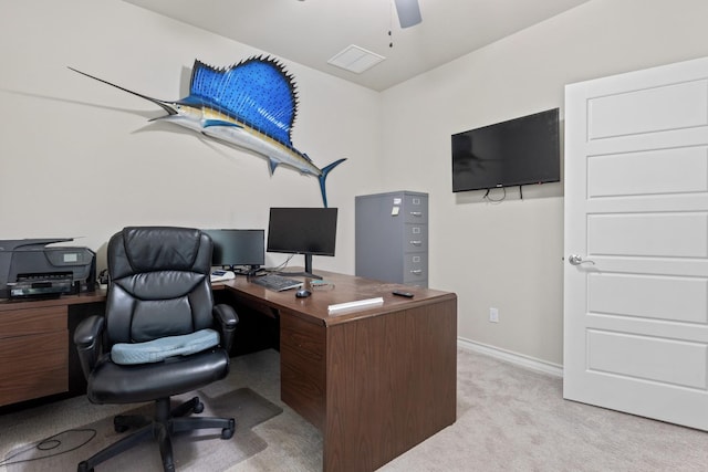 office featuring light colored carpet and ceiling fan