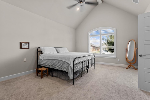 carpeted bedroom featuring beamed ceiling, high vaulted ceiling, and ceiling fan