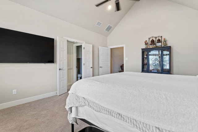 bedroom featuring high vaulted ceiling, ceiling fan, and carpet flooring